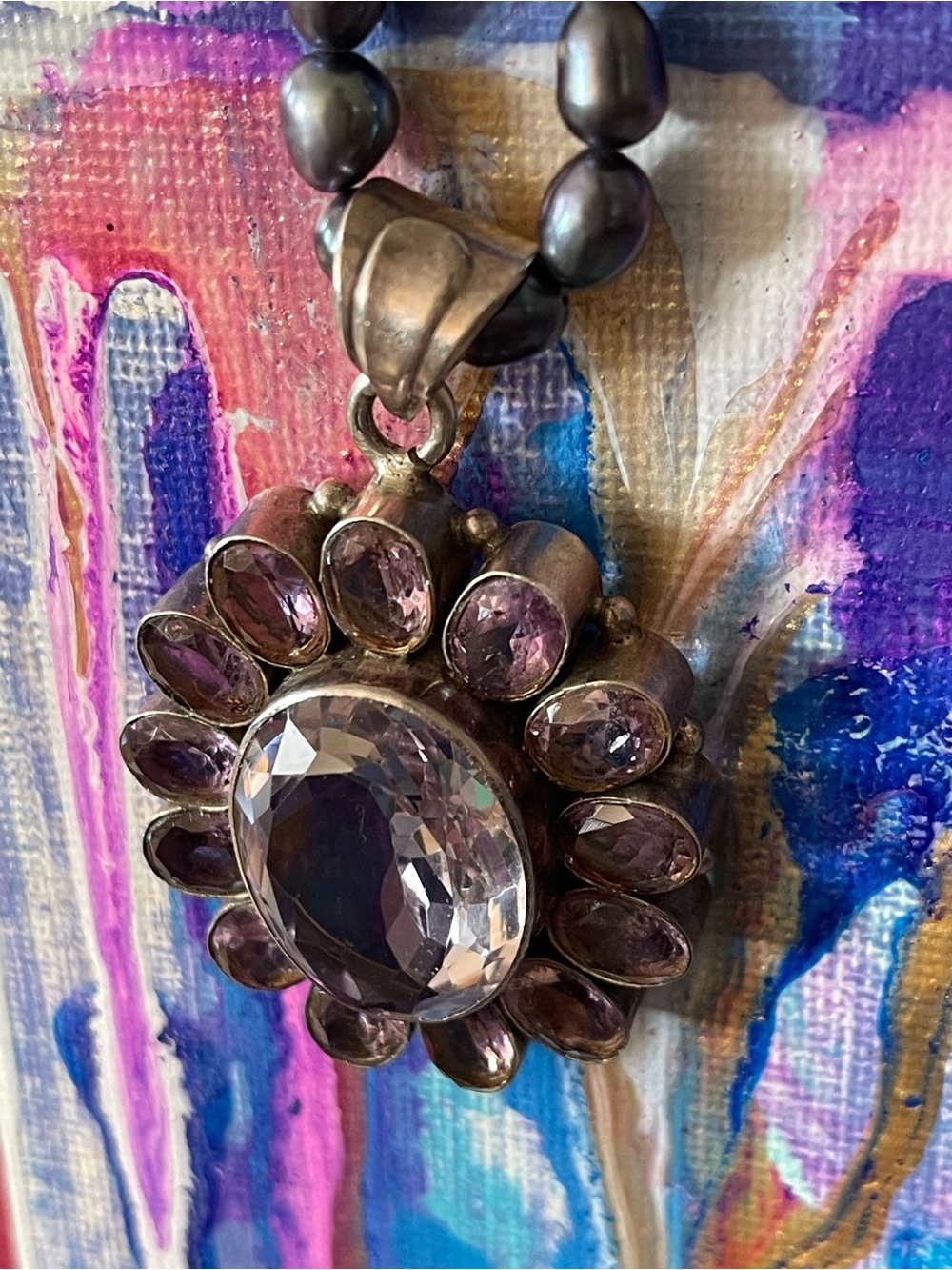 VINTAGE  Pendant w/ multi-Colored Pearl Necklaces and 925 Ring Purple Stone Ring